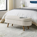 Storage Bench Modern Linen Fabric Ottoman Footstool with Solid Wood Legs Oval Storage Entry Bench Seat for Living Room Bedroom
