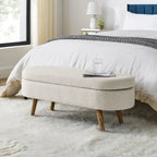 Storage Bench Modern Linen Fabric Ottoman Footstool with Solid Wood Legs Oval Storage Entry Bench Seat for Living Room Bedroom