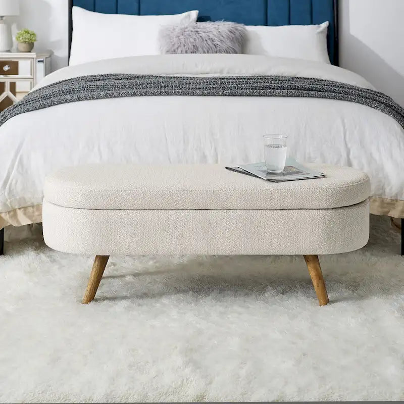 Storage Bench Modern Linen Fabric Ottoman Footstool with Solid Wood Legs Oval Storage Entry Bench Seat for Living Room Bedroom