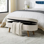 Storage Bench Modern Linen Fabric Ottoman Footstool with Solid Wood Legs Oval Storage Entry Bench Seat for Living Room Bedroom