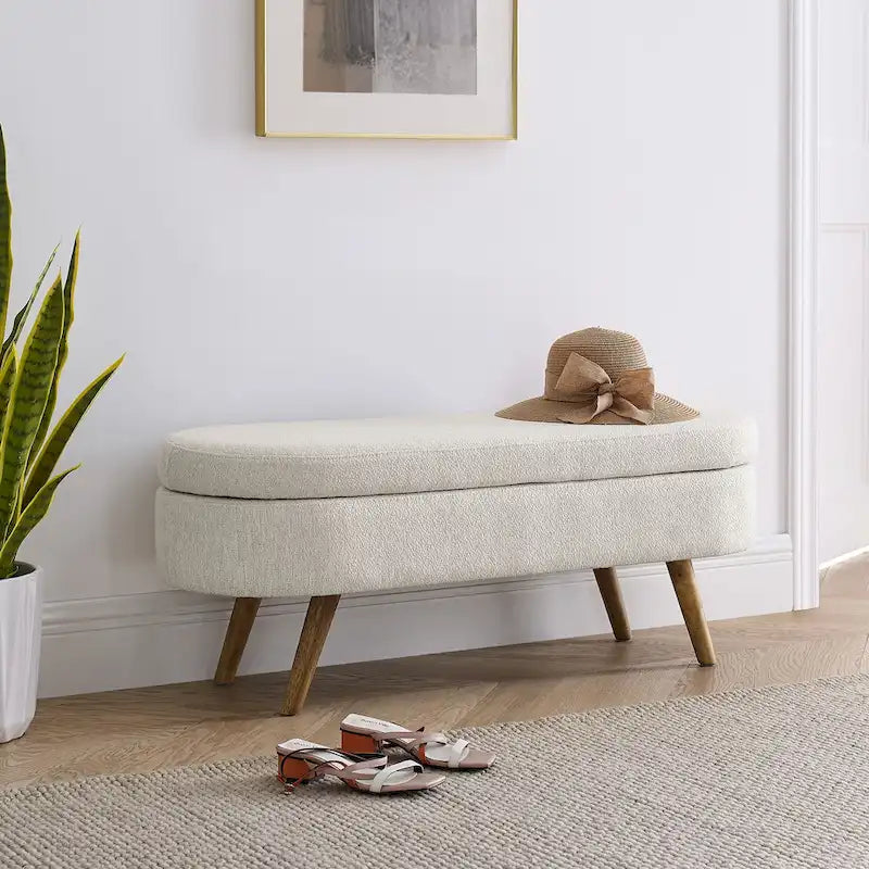 Storage Bench Modern Linen Fabric Ottoman Footstool with Solid Wood Legs Oval Storage Entry Bench Seat for Living Room Bedroom