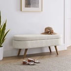 Storage Bench Modern Linen Fabric Ottoman Footstool with Solid Wood Legs Oval Storage Entry Bench Seat for Living Room Bedroom