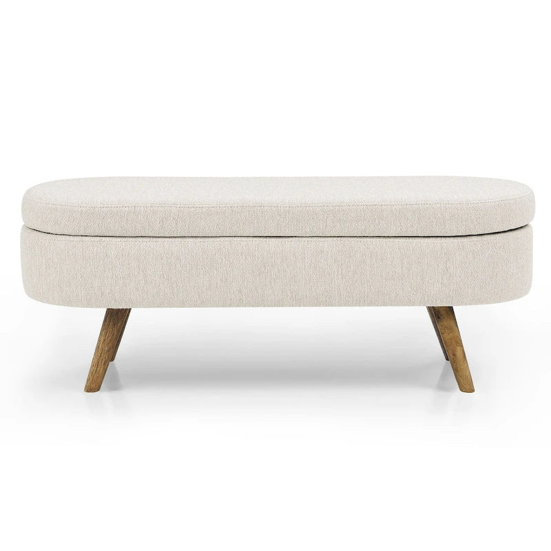 Storage Bench Modern Linen Fabric Ottoman Footstool with Solid Wood Legs Oval Storage Entry Bench Seat for Living Room Bedroom