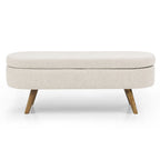 Storage Bench Modern Linen Fabric Ottoman Footstool with Solid Wood Legs Oval Storage Entry Bench Seat for Living Room Bedroom