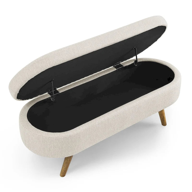 Storage Bench Modern Linen Fabric Ottoman Footstool with Solid Wood Legs Oval Storage Entry Bench Seat for Living Room Bedroom