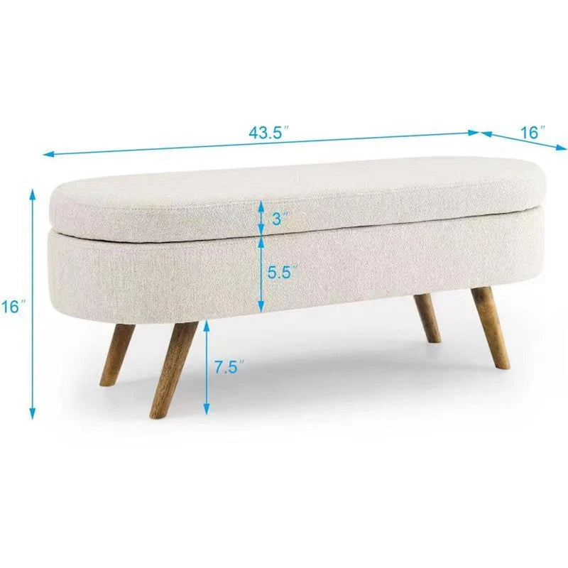 Storage Bench Modern Linen Fabric Ottoman Footstool with Solid Wood Legs Oval Storage Entry Bench Seat for Living Room Bedroom