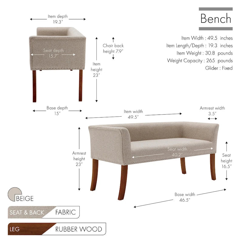 Porthos Home Nevis Fabric Upholstered Bench with Rubberwood Legs