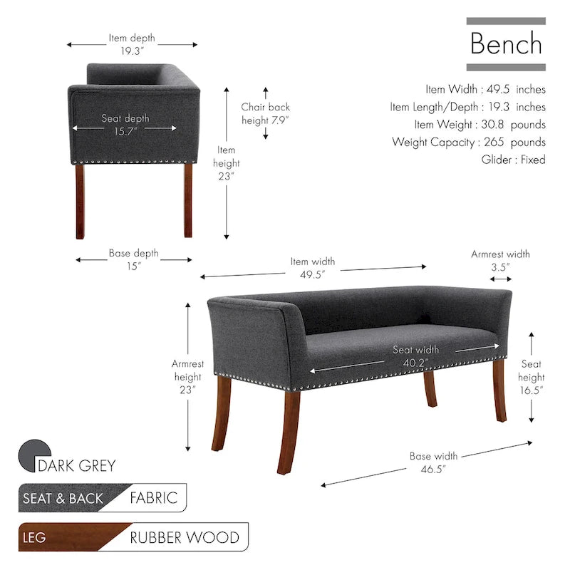 Porthos Home Nevis Fabric Upholstered Bench with Rubberwood Legs