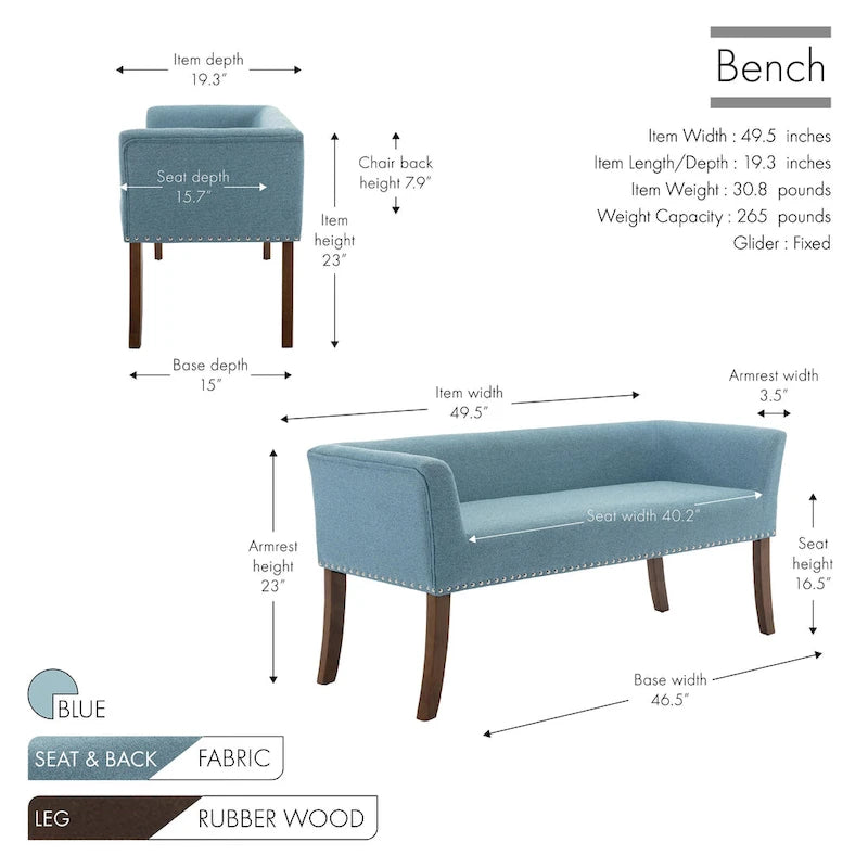 Porthos Home Nevis Fabric Upholstered Bench with Rubberwood Legs