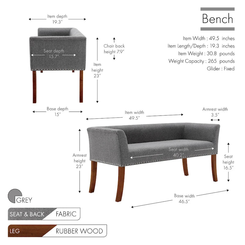 Porthos Home Nevis Fabric Upholstered Bench with Rubberwood Legs