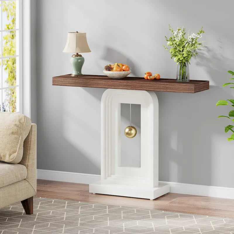 Modern Console Table with Geometric Base, 39.4 inch Narrow Sofa Table with Gold Decor for Living Room Entryway Hallway Entrance