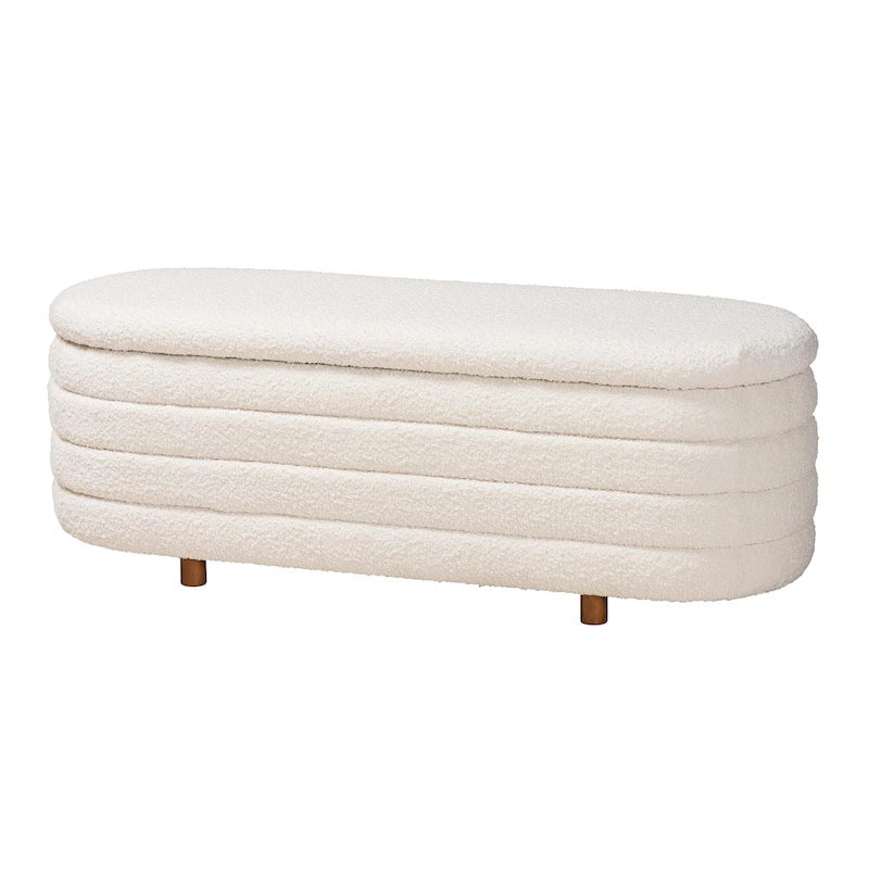 Betiana Modern Japandi Cream Boucle Fabric and Walnut Brown Finished Wood Storage Bench