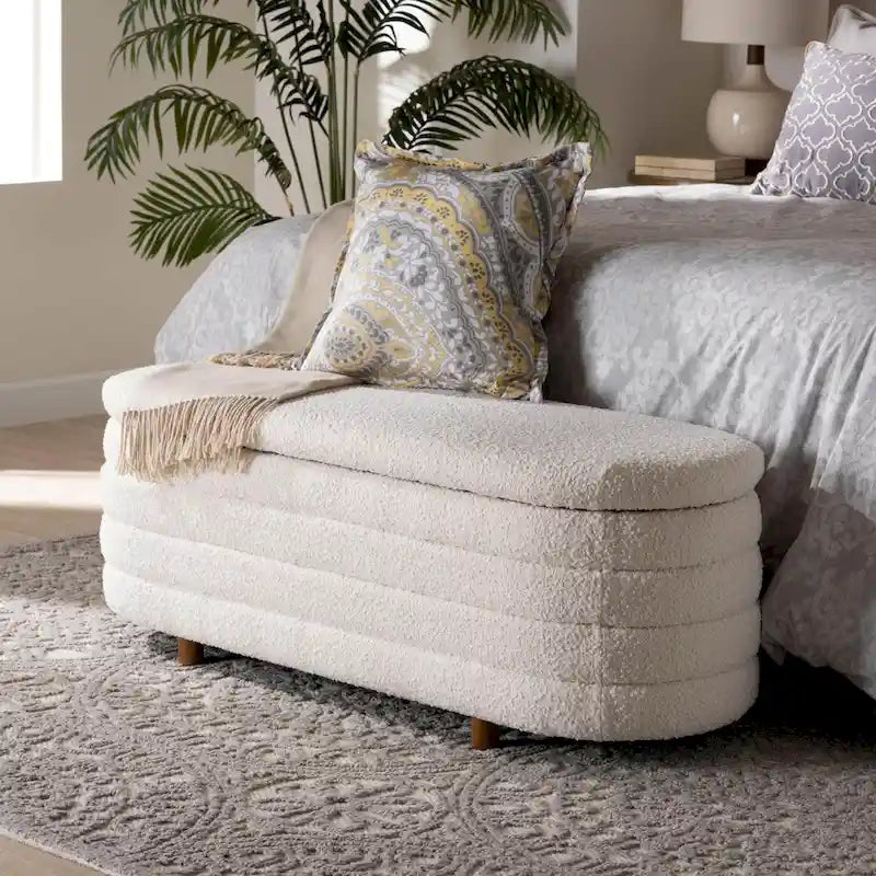 Betiana Modern Japandi Cream Boucle Fabric and Walnut Brown Finished Wood Storage Bench