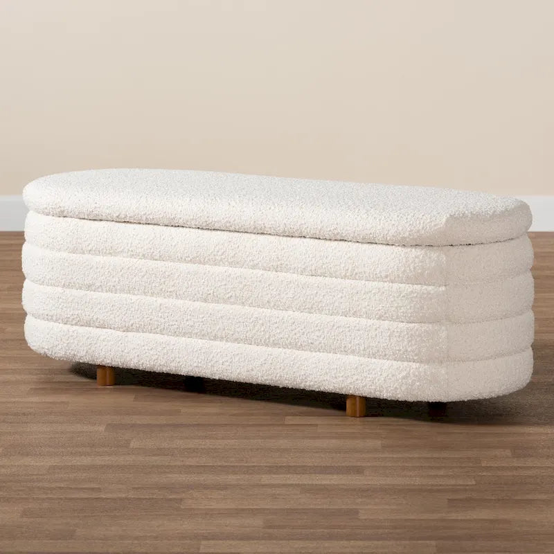 Betiana Modern Japandi Cream Boucle Fabric and Walnut Brown Finished Wood Storage Bench