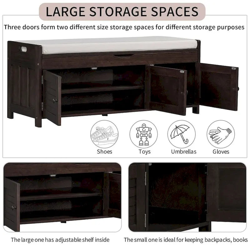 3-drawer Wooden Storage Bench with Cushion