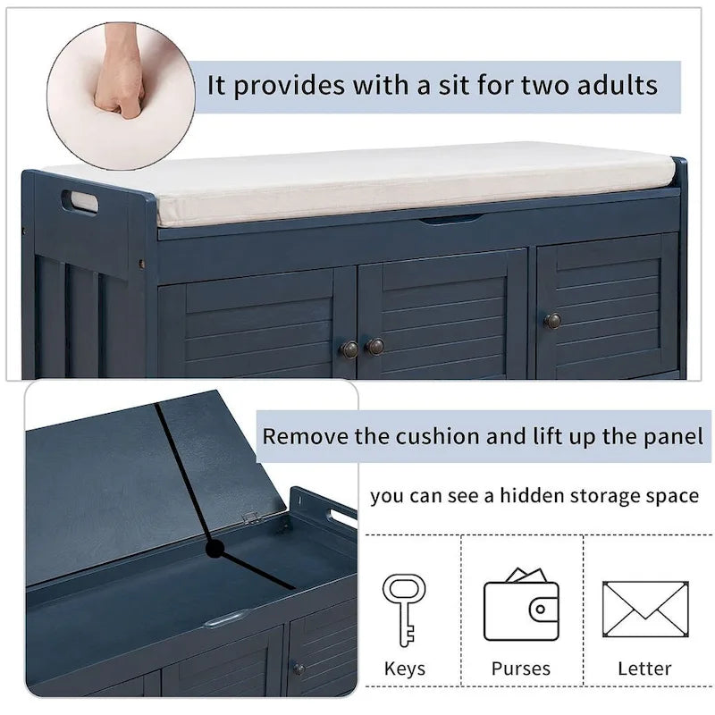 3-drawer Wooden Storage Bench with Cushion