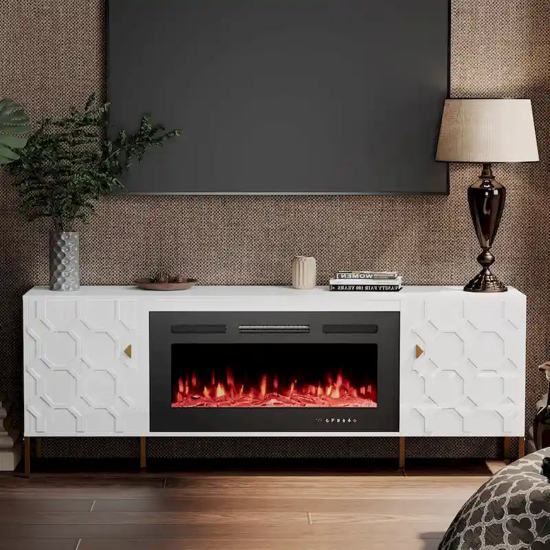 Clihome High Gloss Storage 70  TV Stand with 36  Electric Fireplace
