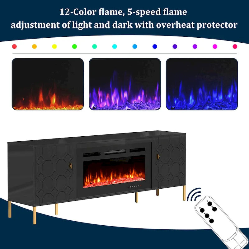 Clihome High Gloss Storage 70  TV Stand with 36  Electric Fireplace