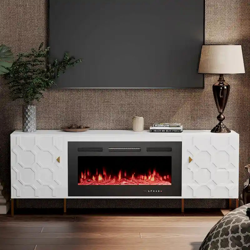 Clihome High Gloss Storage 70  TV Stand with 36  Electric Fireplace