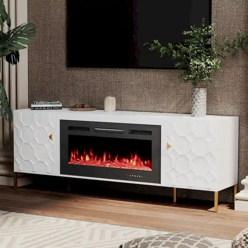 Clihome High Gloss Storage 70  TV Stand with 36  Electric Fireplace