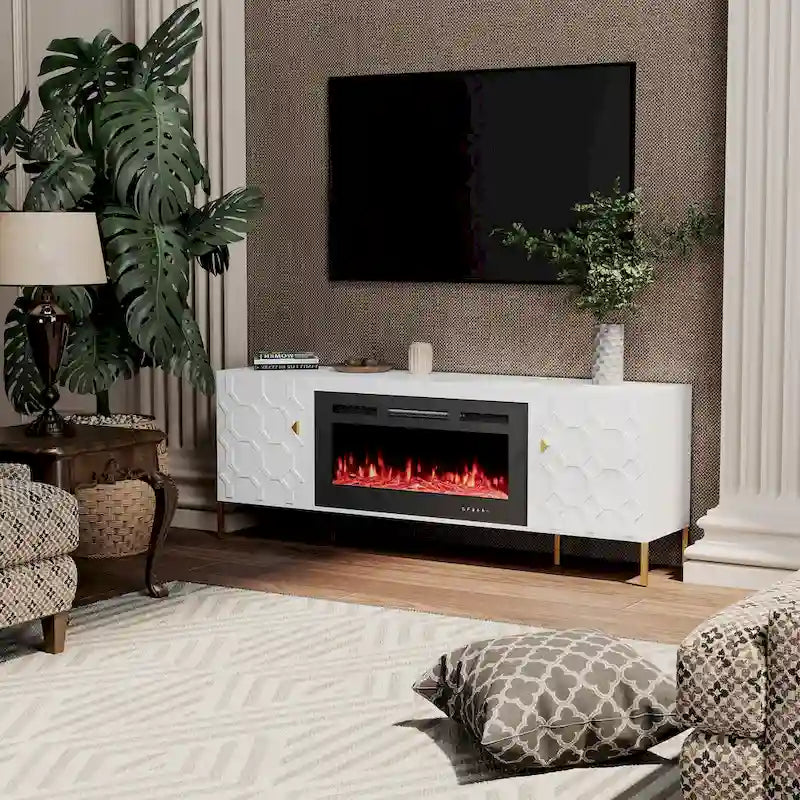 Clihome High Gloss Storage 70  TV Stand with 36  Electric Fireplace