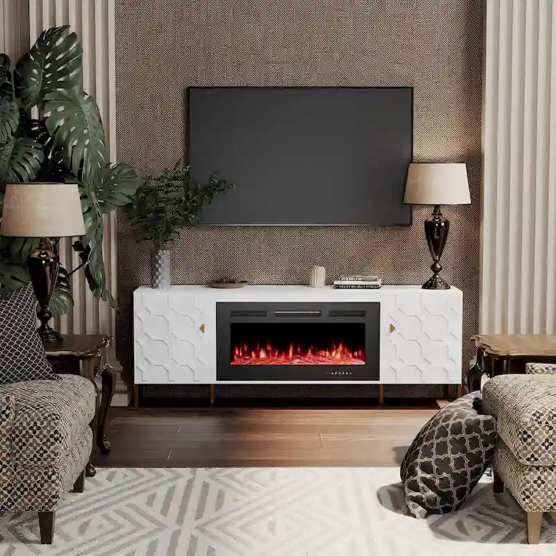 Clihome High Gloss Storage 70  TV Stand with 36  Electric Fireplace
