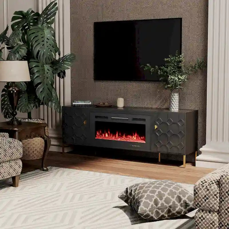 Clihome High Gloss Storage 70  TV Stand with 36  Electric Fireplace