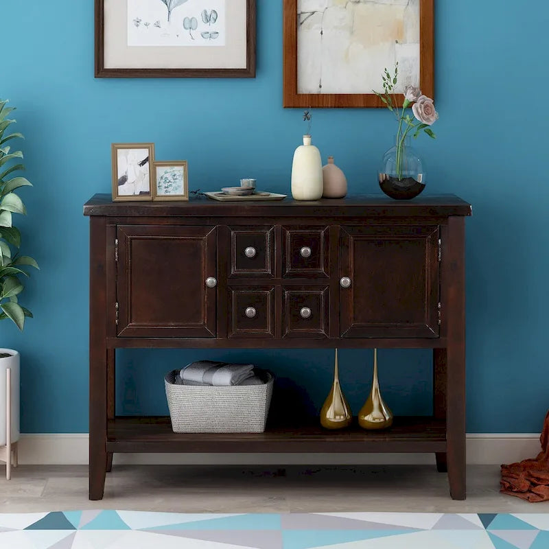 Retro Style Buffet Sideboard Wood Console Table with Bottom Shelf, Easy Assemble, for Living Room, Kitchen, Entryway