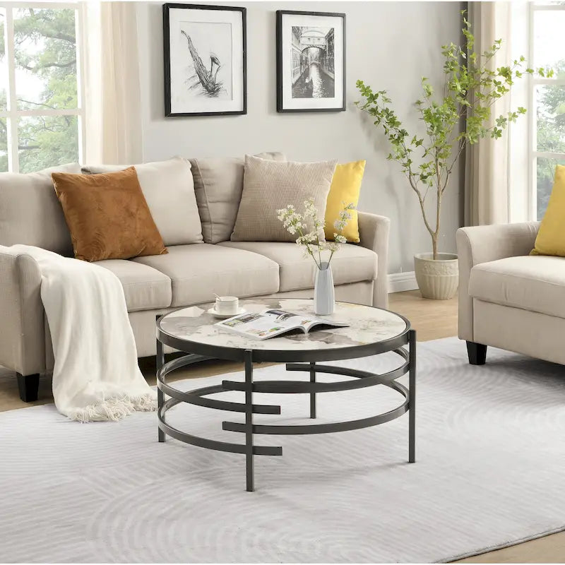 32.48  Modern Round Coffee Table with Sintered Stone Top & Sturdy Metal Frame