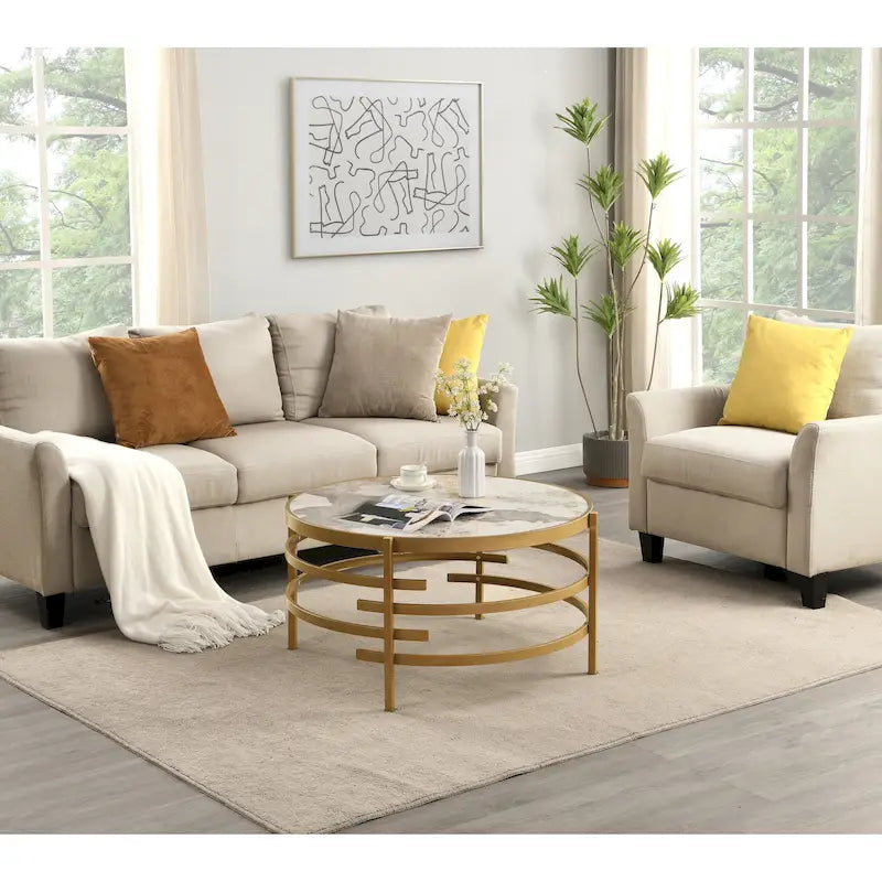 32.48  Modern Round Coffee Table with Sintered Stone Top & Sturdy Metal Frame