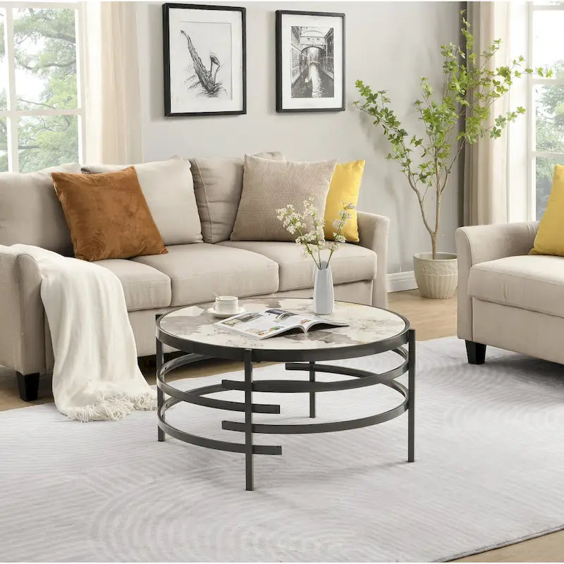 32.48  Modern Round Coffee Table with Sintered Stone Top & Sturdy Metal Frame
