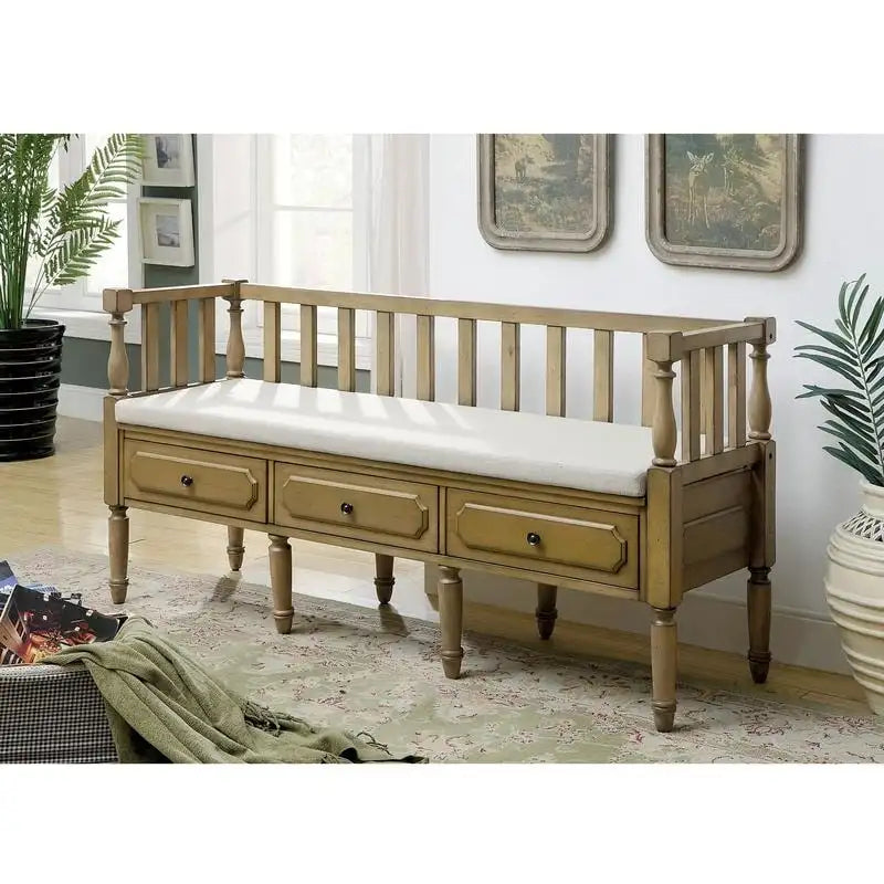 Kram Farmhouse Fabric Padded 3-Drawer Storage Bench by Furniture of America
