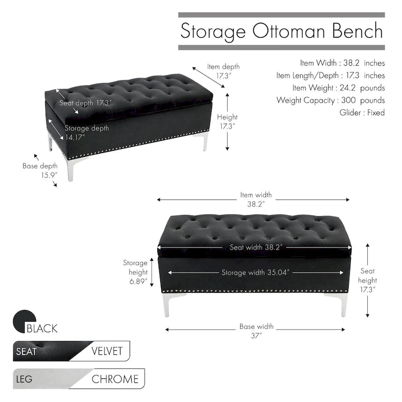 Porthos Home Helge Velvet Flip Top Storage Ottoman Bench with Chrome Legs