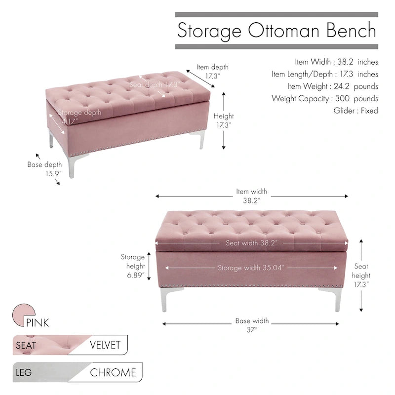 Porthos Home Helge Velvet Flip Top Storage Ottoman Bench with Chrome Legs