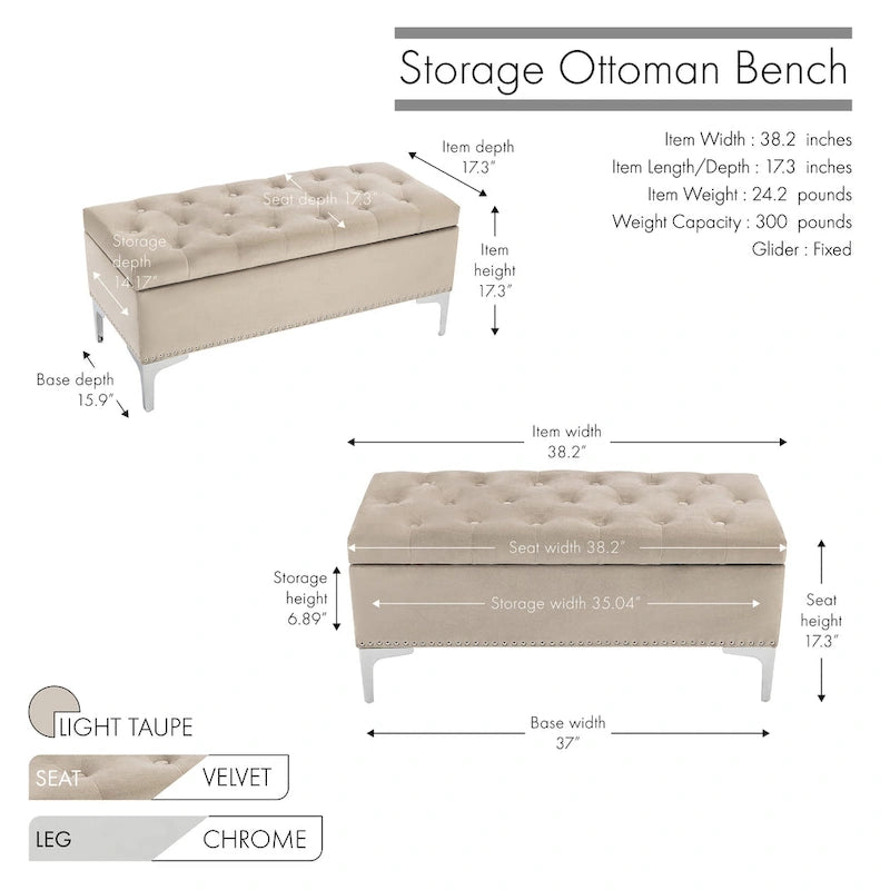 Porthos Home Helge Velvet Flip Top Storage Ottoman Bench with Chrome Legs