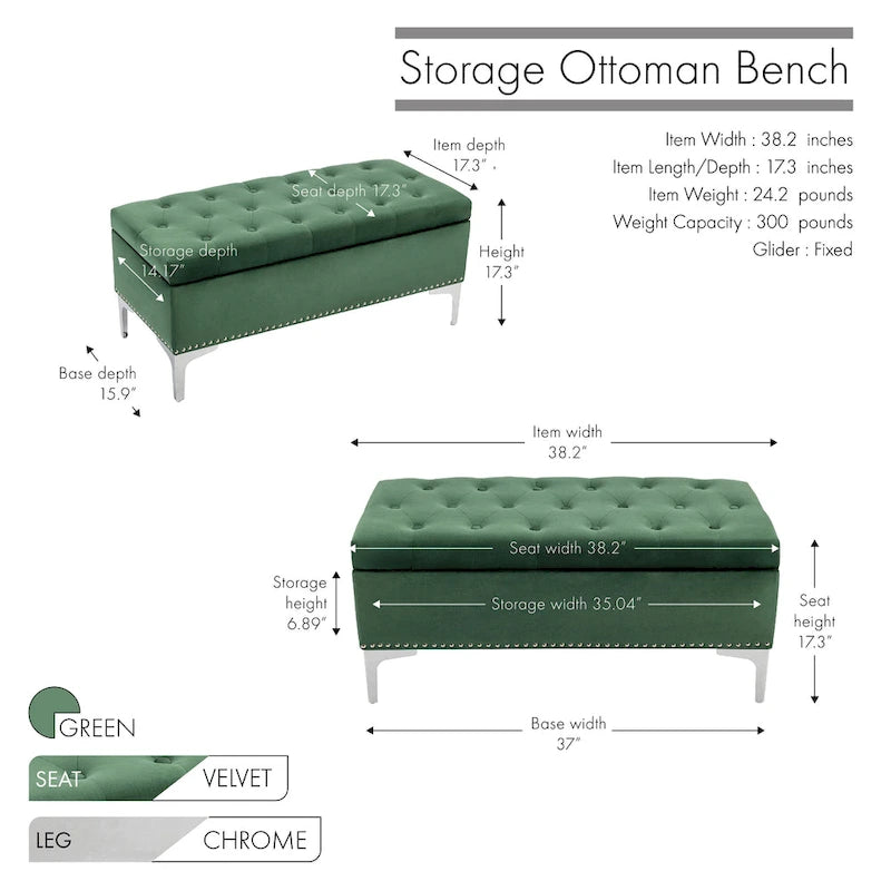 Porthos Home Helge Velvet Flip Top Storage Ottoman Bench with Chrome Legs