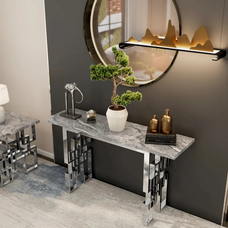 Modern Console Table 55 inch Sofa Table with High Gloss Top and Mirrored Metal Base for Entryway Living Room