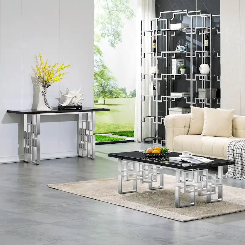 Modern Console Table 55 inch Sofa Table with High Gloss Top and Mirrored Metal Base for Entryway Living Room