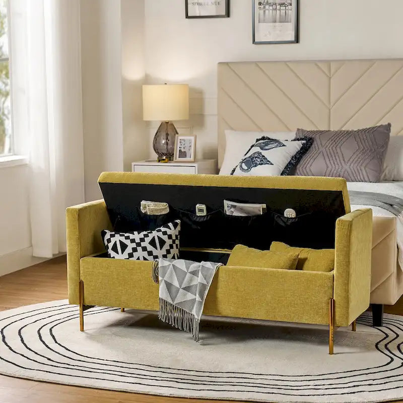 Angelus Upholstered Flip Top Storage Bench withTwo Pillows and Arms by HULALA HOME