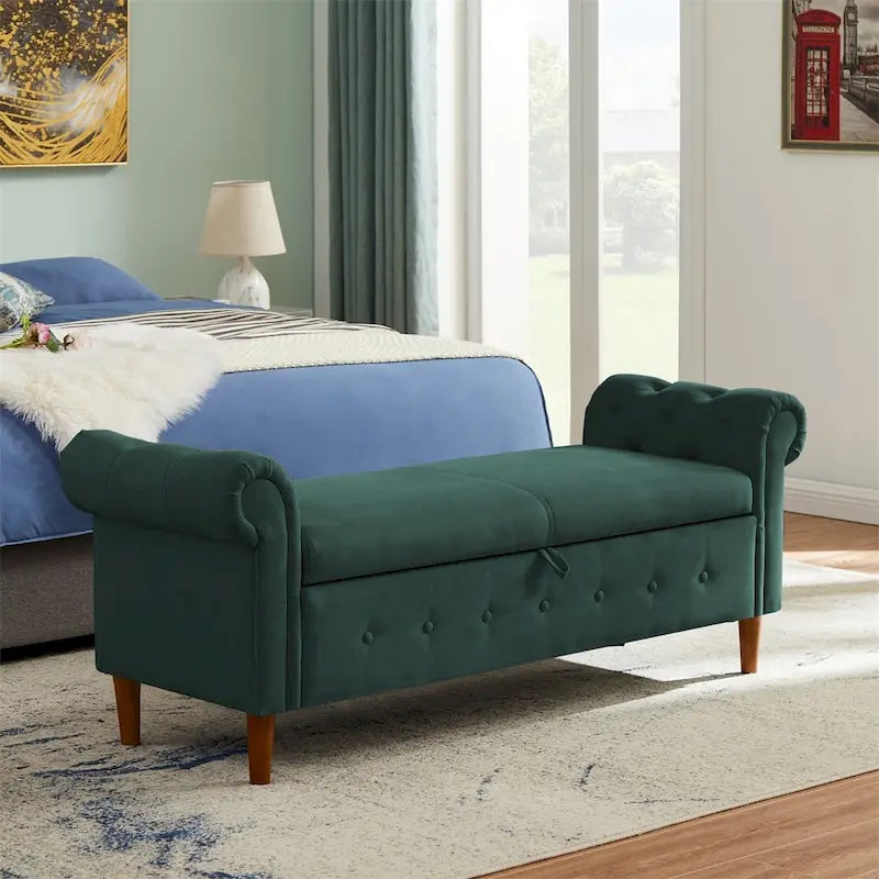 Storage Bench for Bedroom End of Bed Rolled Armed Linen Fabric Ottoman Couch Long Bench