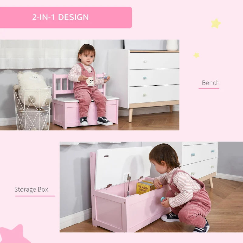 Qaba 2-IN-1 Wooden Toy Box Kids Seat Bench Storage Chest Cabinet Chunk Cube with Safety Pneumatic Rod