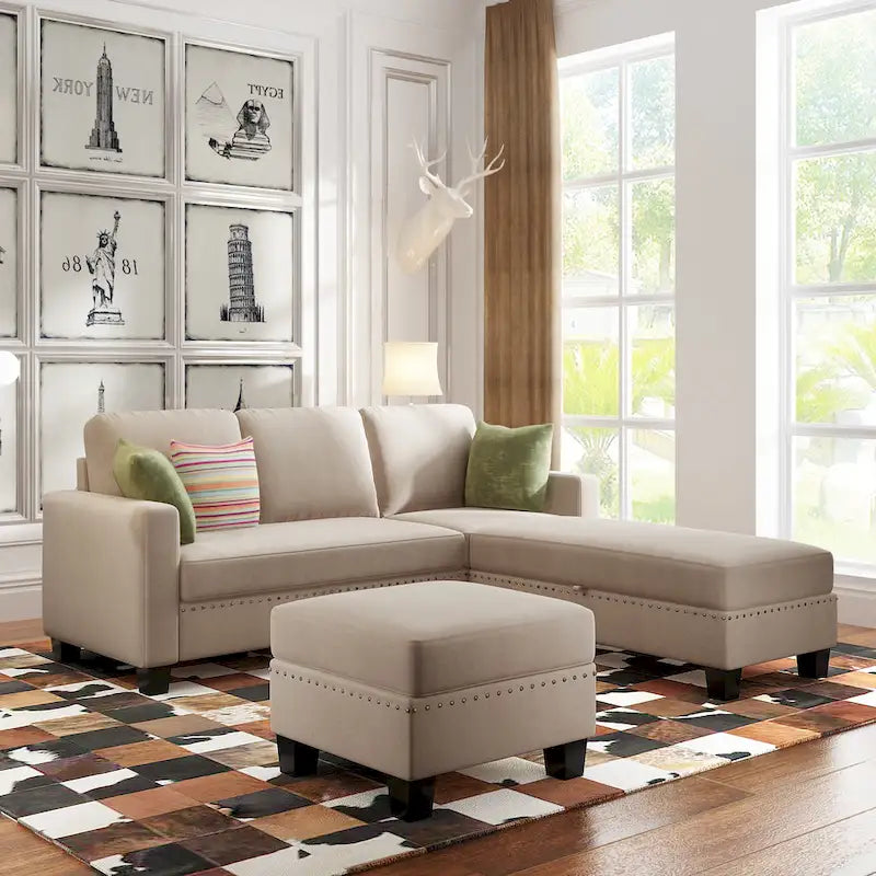 [New] [VIDEO provided] 81.1*76.3*35  Reversible Sectional Couch with Storage Ottoman L-Shaped Sofa,Sectional Sofa with Chaise,Na