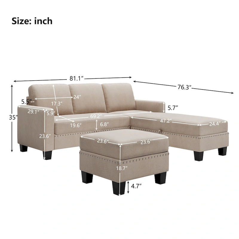[New] [VIDEO provided] 81.1*76.3*35  Reversible Sectional Couch with Storage Ottoman L-Shaped Sofa,Sectional Sofa with Chaise,Na