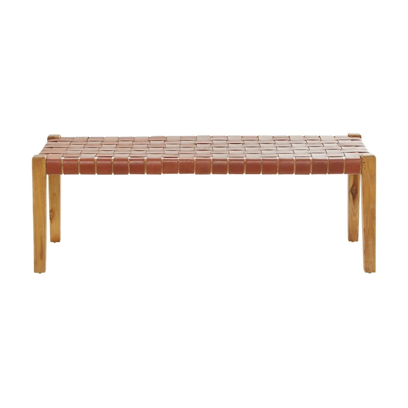 Black or Brown Leather Handmade Woven Seat Bench - 47 x 18 x 17