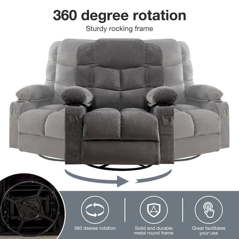 Massage Rocker Recliner Chair Rocking Chairs for Adults Oversized with 2 Cup Holders, USB Charge Port Soft Features a Manual Mas