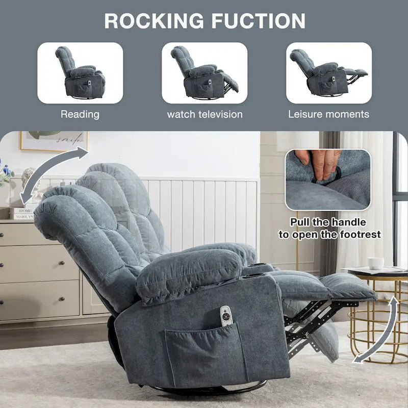 Massage Rocker Recliner Chair Rocking Chairs for Adults Oversized with 2 Cup Holders, USB Charge Port Soft Features a Manual Mas