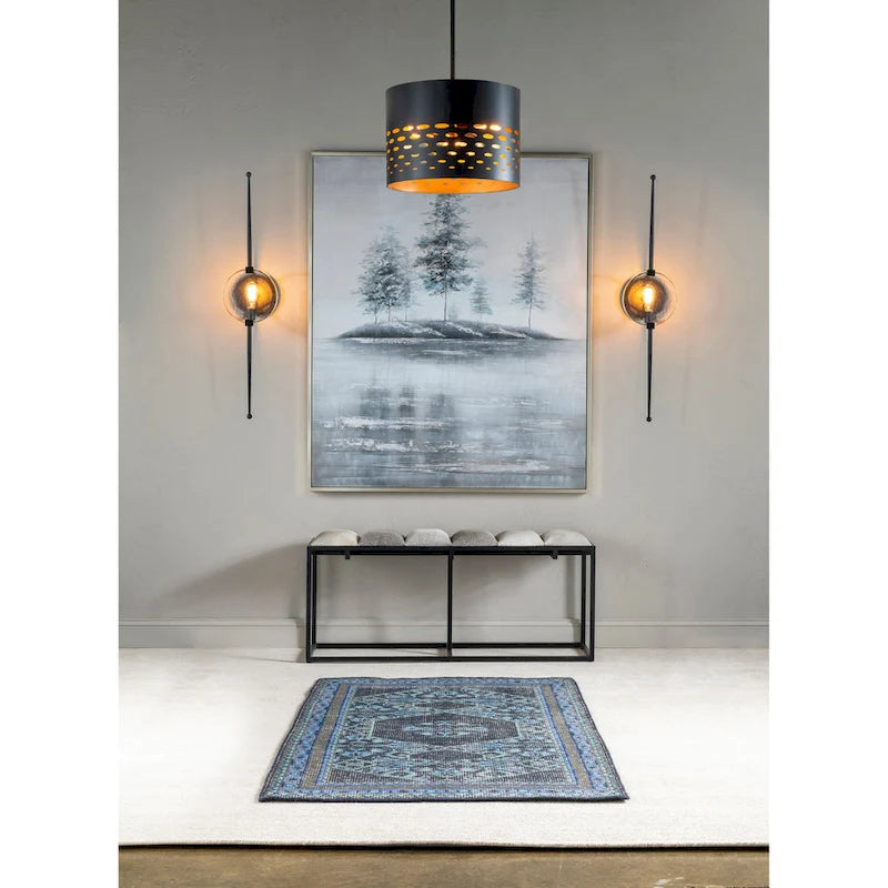 Verga 50 W Black Iron, Grey Faux Hair & Leather Patch Bench - 50 x 14 x 22 