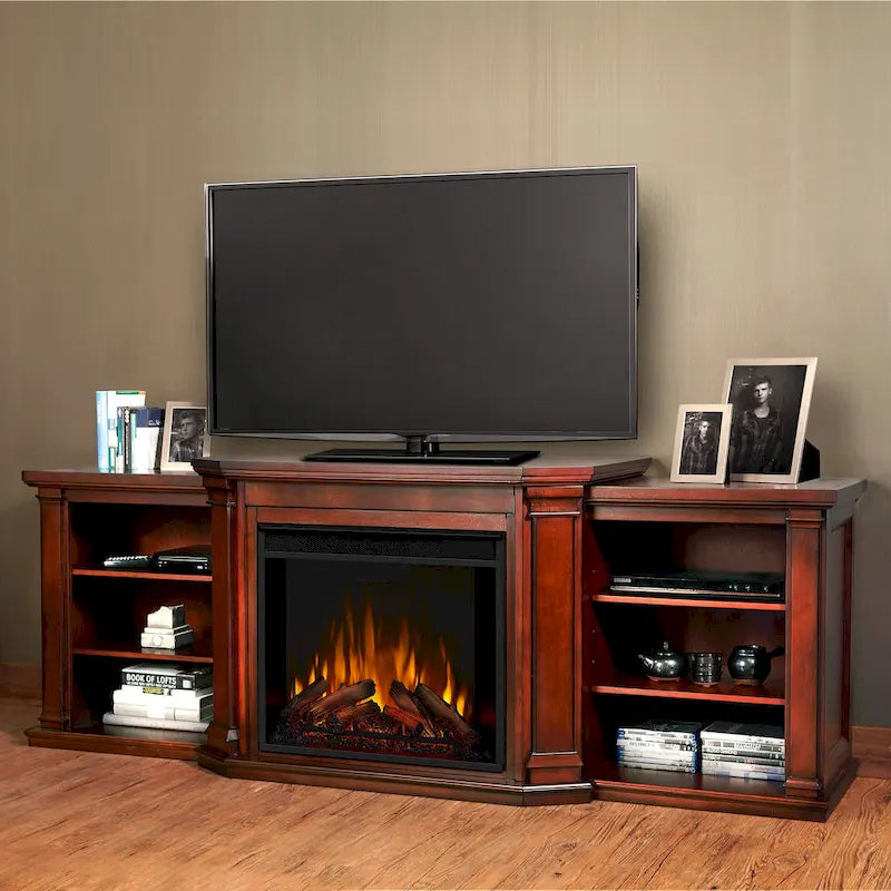Valmont 74.25  Electric TV Stand Fireplace in Dark Mahogany by Real Flame - 75.5 W x 21.5 D x 27.7 H