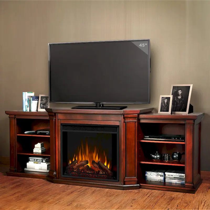 Valmont 74.25  Electric TV Stand Fireplace in Dark Mahogany by Real Flame - 75.5 W x 21.5 D x 27.7 H