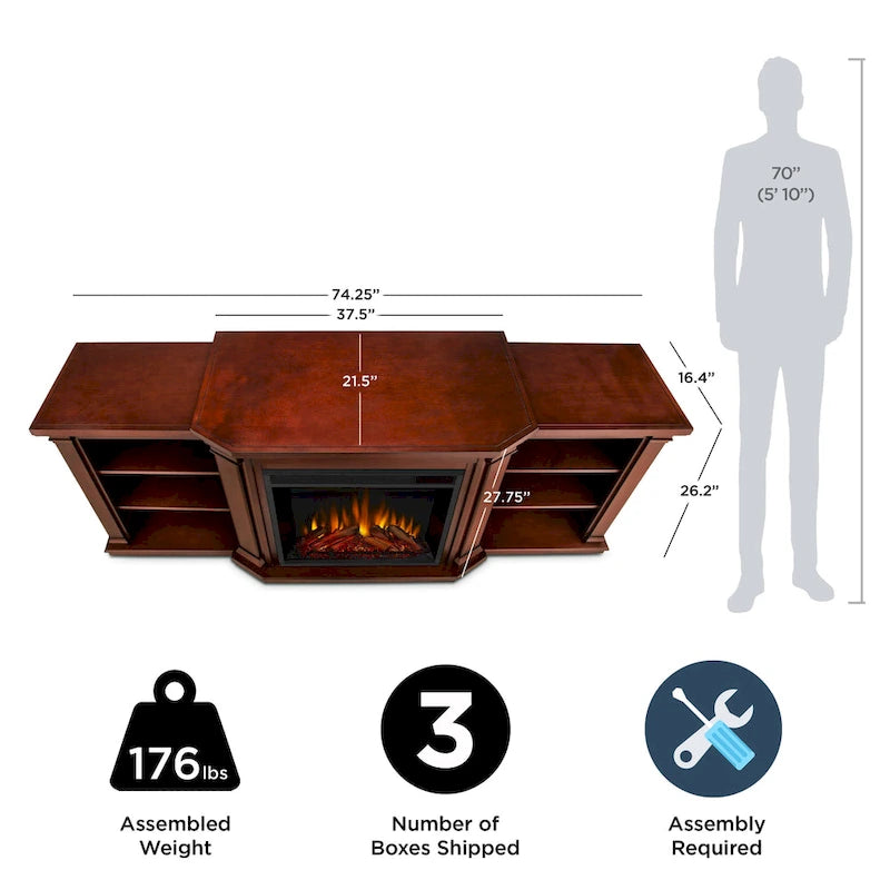 Valmont 74.25  Electric TV Stand Fireplace in Dark Mahogany by Real Flame - 75.5 W x 21.5 D x 27.7 H